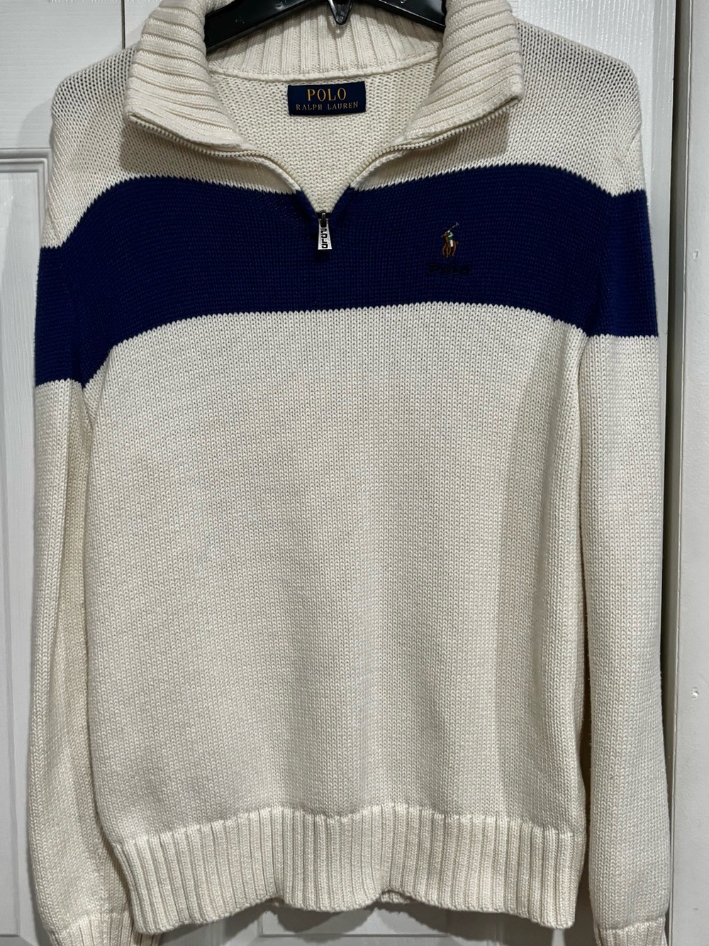 Polo by Ralph Lauren Cream Sweater with Navy Chest Stripe and Zip Quarter.